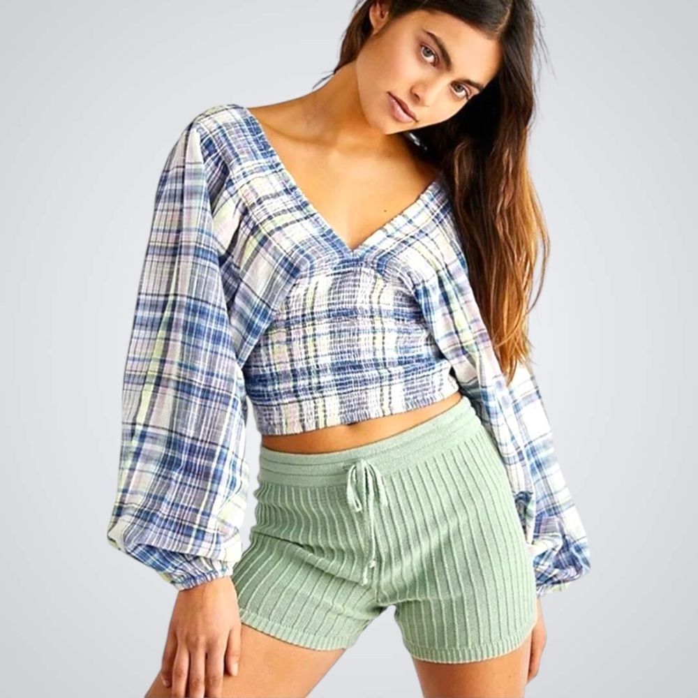 Free People Marlena Plaid Reversable Gauze Smocked Top NWOT Size S - Picture 6 of 16